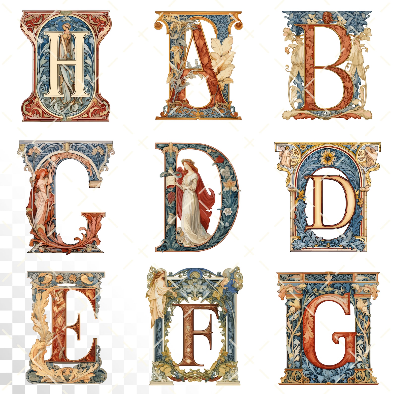 Pre-raphaelite Love Alphabet Transparent PNG SVG Illuminated Manuscript ...