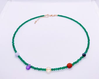 Green Onyx Beaded Necklace, Natural Gemstone Dainty Choker, Chakra Accent Layering Necklace, Handmade Minimalist Jewelry, Unique Gift