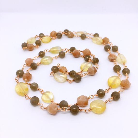Long Gemstone Rosary Necklace, Christmas Gift for mom, Citrine & Moonstone Necklace, November Birthstone Jewelry, 13th Anniversary, unique