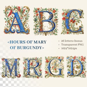 Alfabeto de las Horas de María de Borgoña / PNG transparente / Letra manuscrita medieval iluminada / Arte católico / Libro de Horas / Uso comercial