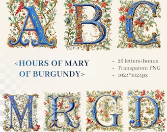Hours of Mary of Burgundy Alphabet | Transparent PNG | Medieval Illuminated Manuscript Letter | Catholic Art | Book of Hours| Commercial Use