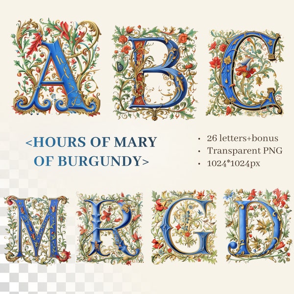 Hours of Mary of Burgundy Alphabet | Transparent PNG | Late Medieval Illuminated Manuscript Letters | Antique Initial Clipart | Commercial