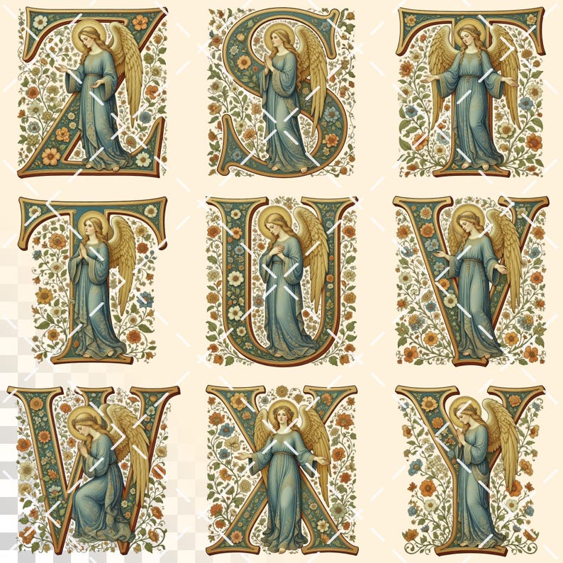 Pre-raphaelites Angel Alphabet | Transparent PNG | Medieval Illuminated ...