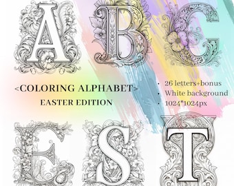 Medieval Coloring Alphabet | Illuminated Letters Coloring Pages | Printable PNG for Adult | Easter Activity | Commercial Use