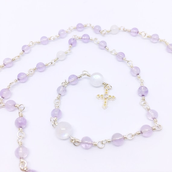 Dainty Rosary Necklace, Christmas Gift, Pale Amethyst Rosary, Rainbow Moonstone Rosary Beads, Sterling Silver, Confirmation Gift for Girls