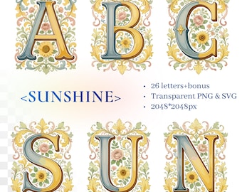 Sunshine Alphabet | Swedish Midsommar Floral Letters | Transparent PNG SVG | Vintage Easter Spring Monogram | Illuminated Botanical Initials