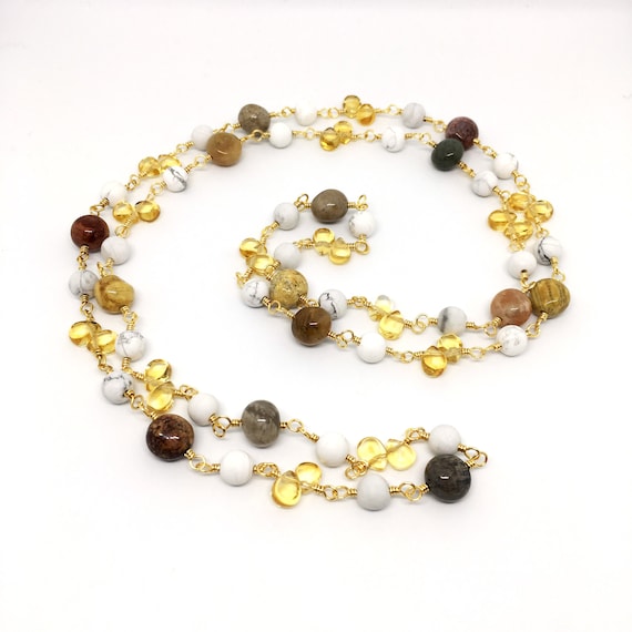Gemstone Long Rosary Necklace, Citrine, Agatized Coral, & Howlite