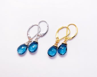 London Blue Pear Cut Drop Earrings, Faceted Hydro Quartz Sterling Silver, Professional Everyday Jewelry, Christmas Birthday Gift for her