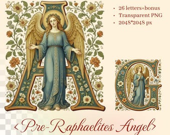 Pre-Raphaelites Angel Alphabet | Transparent PNG | Medieval Illuminated Letter | Christian Design Resource | Catholic Art | Botticelli Style