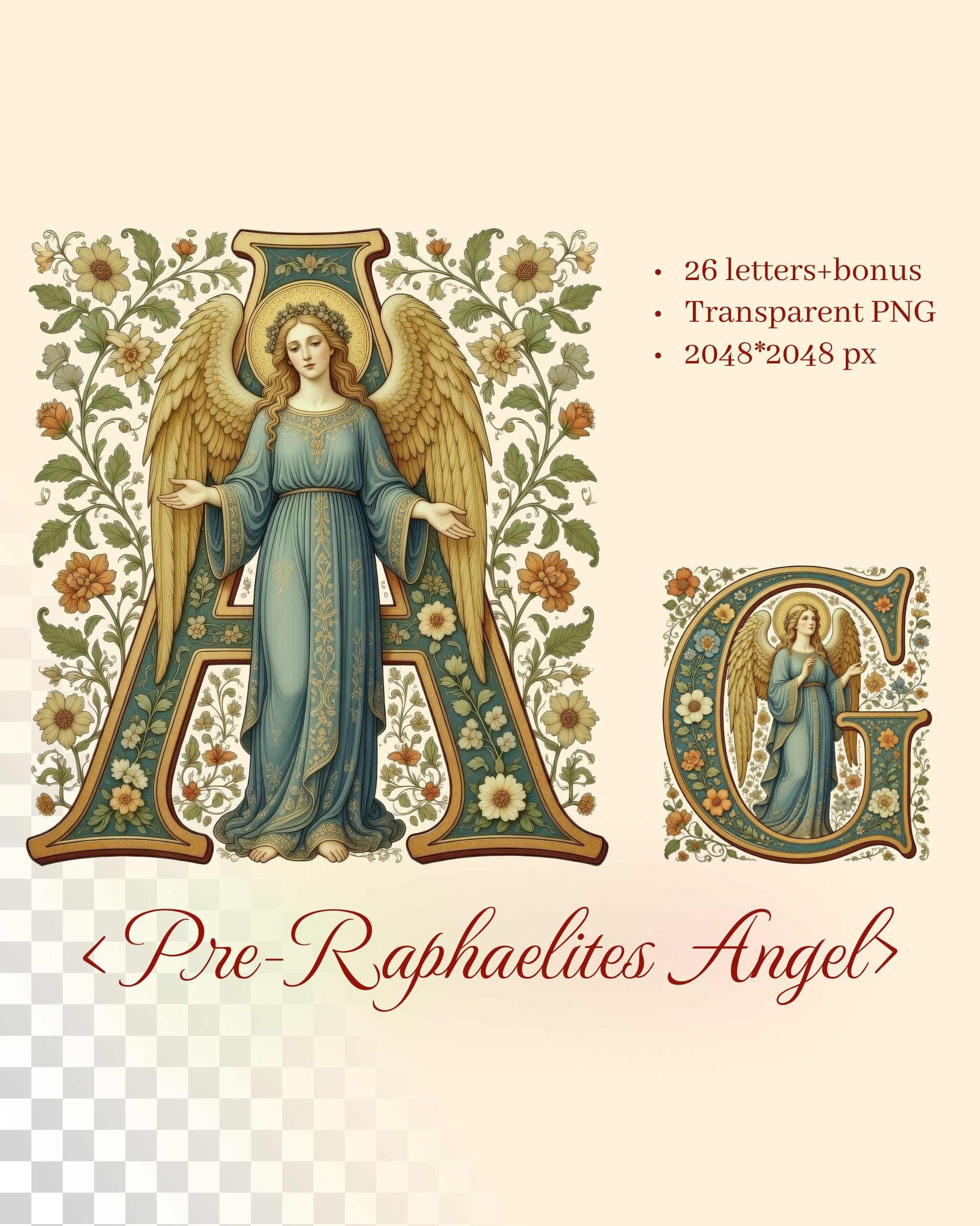 Pre-raphaelites Angel Alphabet | Transparent PNG | Medieval Illuminated ...