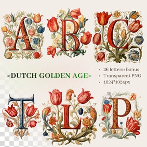 Alfabeto de tulipanes / PNG SVG transparente / Letras iluminadas / Iniciales de la Edad de Oro holandesa / Ilustración botánica Monograma / Uso comercial