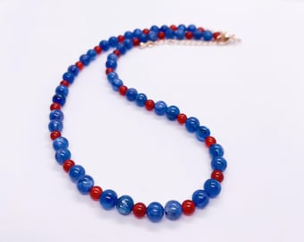 Kyanite & Red Agate Beaded Necklace, Natural Gemstone Choker, Blue and Red Minimalist Necklace, Energy Balance, Unique Jewelry Gift for Her
