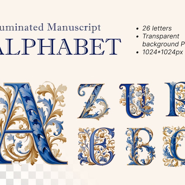 Lapis Blue Alphabet | Transparent PNG SVG Download | Illuminated Manuscript Letters | Antique Initial Clipart | Medieval Printable Decor