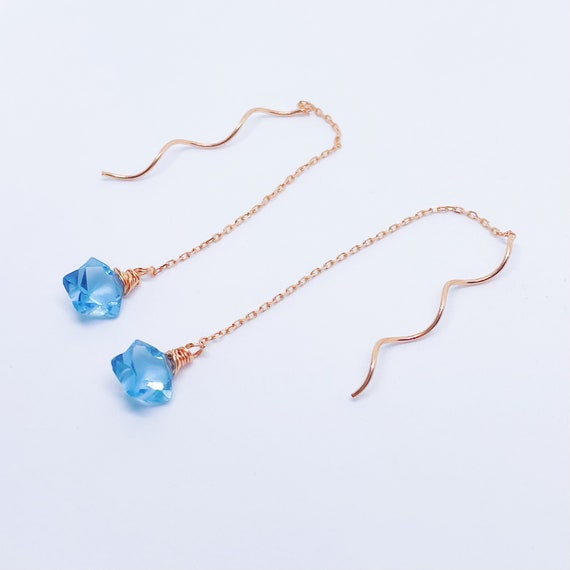 Star Earrings, Hydro Quartz Faceted Star Drop Earrings, Swiss Blue, Sterling Silver, Threader Earrings, Cute, Girlfriend, Bridesmaid Gift,