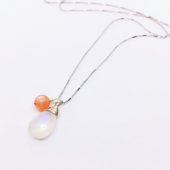 Moonstone Sunstone Pendant Necklace, Christmas Gift, Stockings Stuffer, Rainbow Moonstone Sterling Silver, June Birthstone, unique gift