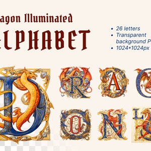 Dragon Alphabet | Transparent PNG Download | Illuminated Manuscript Letters | Gothic Initial Clipart | Medieval Printable | Commercial Use