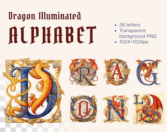 Dragon Alphabet | Transparent PNG Download | Illuminated Manuscript Letters | Gothic Initial Clipart | Medieval Printable | Commercial Use