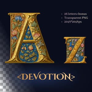 Puede incluir: Letras doradas y ornamentadas "A" y "Z" con diseños florales y foliares, sobre un fondo azul oscuro. La imagen incluye el texto "26 letters+bonus", "Transparent PNG", "2048*2048px" y la palabra "<DEVOTION>" en dorado.