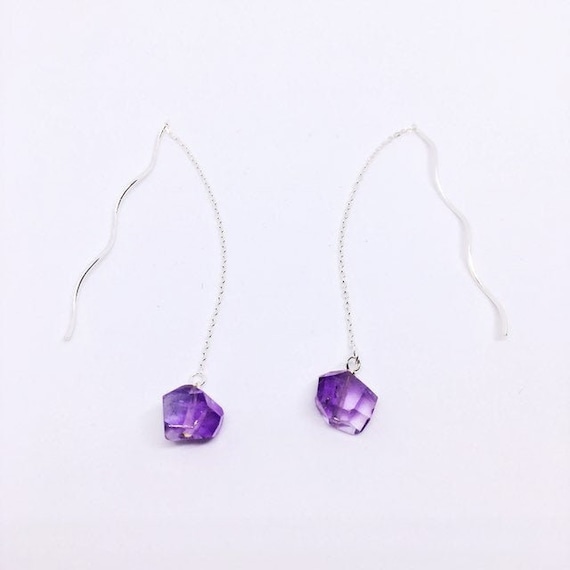 AAA Amethyst Earrings, Minimalist Ear Threaders, Sterling Silver Chain Earrings, Christmas Gift, February Birthstone, 6th 9th anniversary