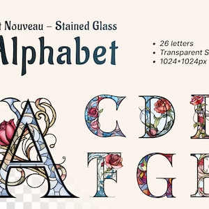 Stained Glass Art Alphabet| Transparent SVG PNG | Art Nouveau Letters | Rose Initial Clipart | Charles Rennie Mackintosh | Print Decor
