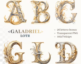 Elven Queen Alphabet | Transparent PNG SVG| Elven style Illuminated Letters | Ring Fan art | Personalized Initials | Middle-earth Clipart