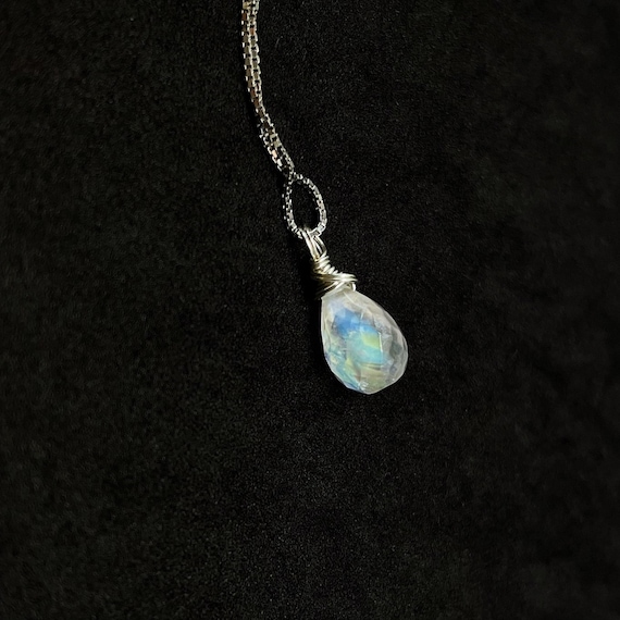 Dainty AAA Rainbow Moonstone Necklace, with Faceted Rainbow Flash Teardrop Pendant