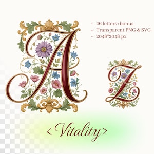 Alfabeto Vitality / Letras florales cursivas iluminadas / PNG SVG transparente / Iniciales decorativas vintage / Monograma botánico / Comercial