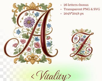 Vitality Alphabet | Cursive Floral Illuminated Letters | Transparent PNG SVG | Vintage Decorative Initials | Botanical Monogram |Commercial