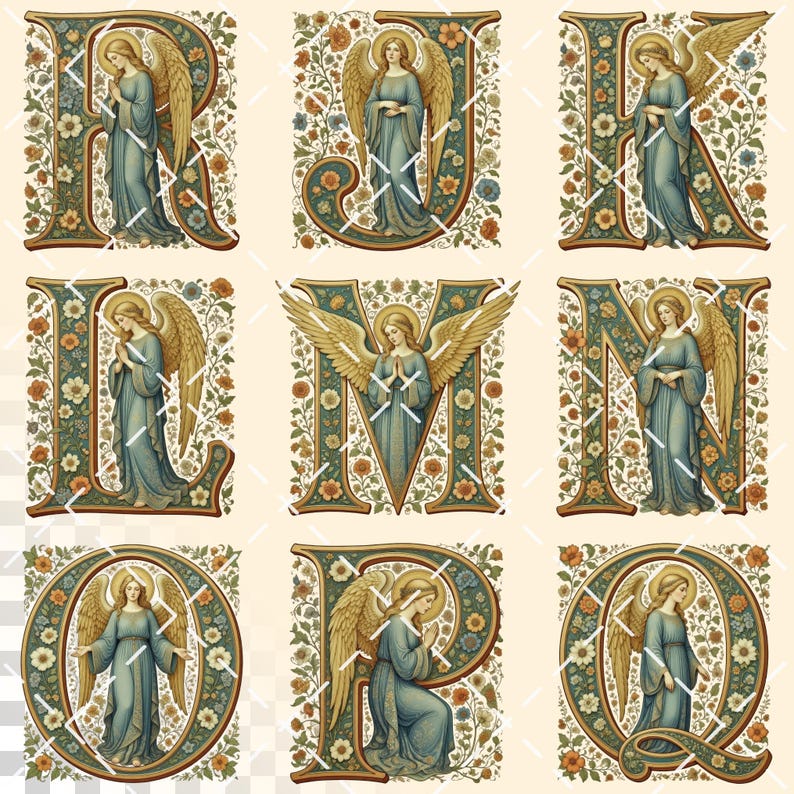 Pre-raphaelites Angel Alphabet | Transparent PNG | Medieval Illuminated ...
