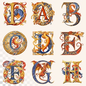 May include: Nine ornate, illustrated letters of the alphabet, each featuring a dragon motif. The letters are in a variety of styles, with gold, red, blue, and orange color schemes. The letters are surrounded by decorative flourishes.