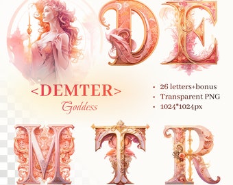 Goddess Demeter Alphabet | Transparent PNG SVG | Illuminated Manuscript Letters | Women's Day Clipart | Personalized Lettering | Commercial