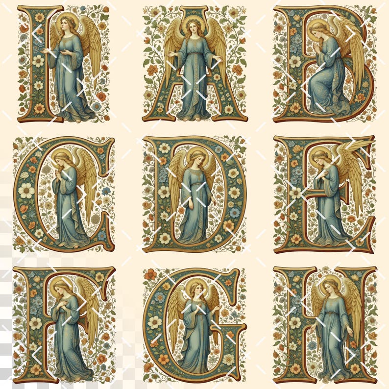 Pre-raphaelites Angel Alphabet | Transparent PNG | Medieval Illuminated ...