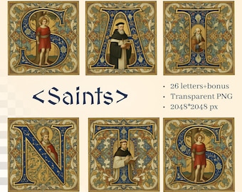 Saints Alphabet | Transparent PNG | Medieval Illuminated Manuscript Letter | Christian Design Resource | Catholic Art | Sunday School