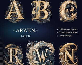 May include: Ornate gold alphabet letters A, B, C, R, W, and N with floral and leaf patterns, set against a dark blue backdrop. The image includes the text "<ARWEN> LOTR" and product details: "26 letters+ Bonus, Transparent PNG, 1024*1024px."