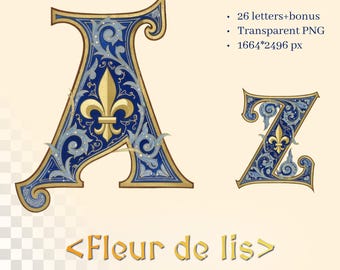 Fleur-de-Lis Alphabet | Transparent PNG | Medieval Illuminated Manuscript Letter | Heraldic French Lily | Catholic Art | Commercial Use