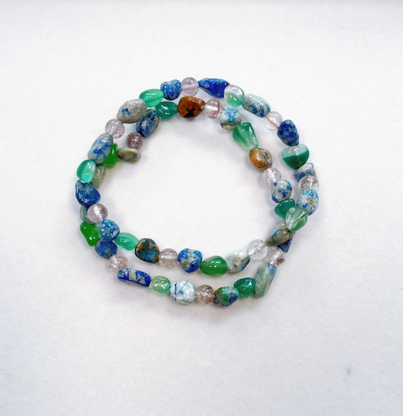 "Monet's Pond" Chrysocolla Beaded Bracelet, with Green Onyx & Rutilated Amethyst