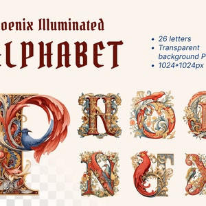 Pheonix Alphabet | Transparent PNG SVG | Illuminated Manuscript Letters | Tempera Initial Clipart | Medieval Printable | Commercial Use