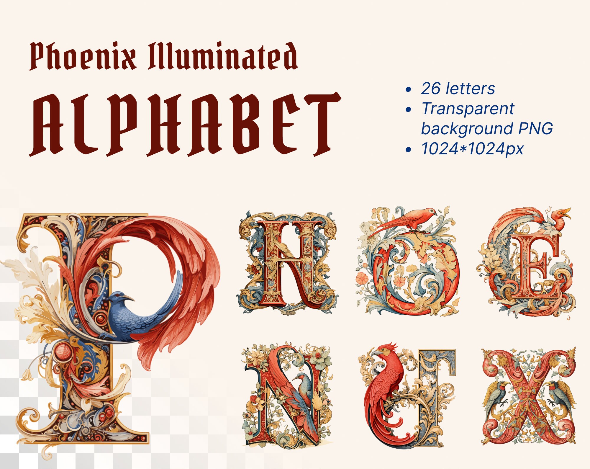 Pheonix Alphabet | Transparent PNG SVG | Illuminated Manuscript Letters | Tempera Initial Clipart | Medieval Printable | Commercial Use