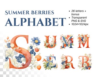 Watercolor Summer Berries Alphabet | Transparent PNG SVG | Educational Classroom | Swedish Folk Art | Nordic Clipart | Carl Larsson Idyllic