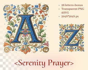 Serenity Prayer Alphabet | Medieval Illuminated Letter | Transparent PNG SVG | Catholic Monogram Set | Devotional Printable | Prayer Page