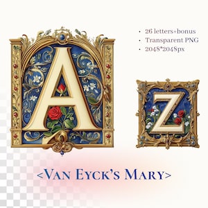 Alfabeto di Maria di Van Eyck / PNG trasparente / Lettera manoscritta miniata medievale / Arte cattolica / ispirata alla Vergine Maria della pala d'altare di Gand