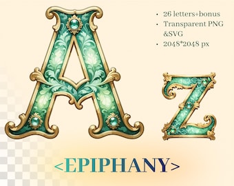 Epiphany Alphabet | Emerald Illuminated Letters | Transparent PNG SVG | Church Newsletter Graphics | Faith-Based Digital Initial Monograms