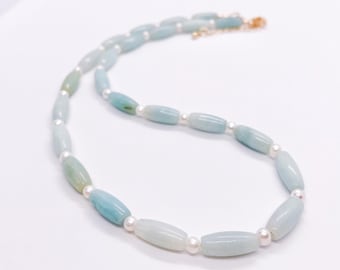 Amazonite & Freshwater Pearl Necklace, Natural Gemstone Beaded Choker, Unique Green Jewelry Gift for her, Birthday Anniversary Christmas