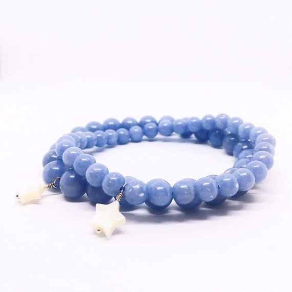 Angelite Bracelet, Blue Anhydrite Bracelet, Balancing Jewelry, 6mm, 8mm, Star Charm Stretch Bracelet, valentines day gift, Calming Crystal