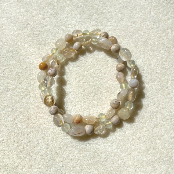 "Blondie" Beaded Bracelet, with Golden Rutilated Quartz, Prehnite & Agatized Coral