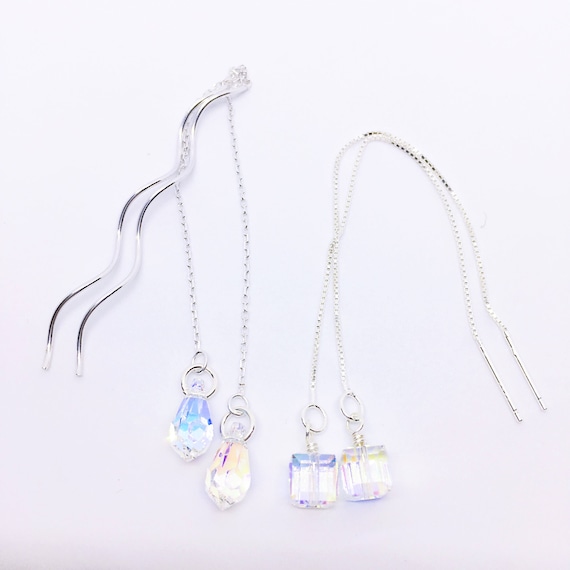 Swarovski Crystal Earrings, Rainbow Cube Threader Earrings, Sterling Silver Ear Threaders, Minimalist Earrings, Girlfriend Gift, Bridesmaid