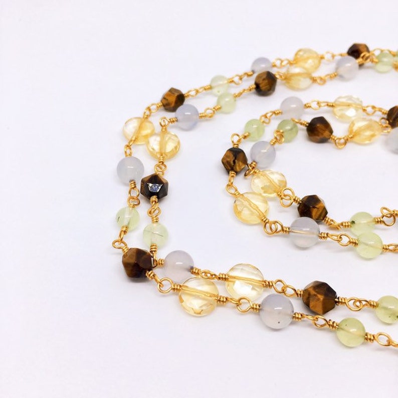 Long Gemstone Necklace, Christmas Gift, Citrine, Blue Chalcedony, Tigers Eye, Prehnite, Long Gemstone Rosary Necklace, Anniversary Gift image 3