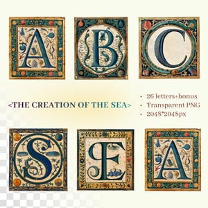 Criação do Alfabeto Marítimo | PNG Transparente | Letra Manuscrita Iluminada Medieval Inicial | Clipart Bíblico Gênesis Oceano | Uso Comercial