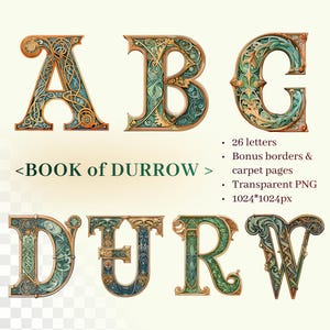 Könnte beinhalten: Dekorative Buchstaben in einem Vintage-Stil. Die Buchstaben A, B, C, D, U, R und W werden in einem detaillierten Design mit Gold-, Türkis- und Grüntönen gezeigt. Der Text "BOOK of DURROW" ist ebenfalls sichtbar, zusammen mit Produktdetails.