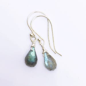 May include: A pair of silver dangle earrings with teardrop-shaped labradorite stones. The stones have a blue-green iridescent sheen.